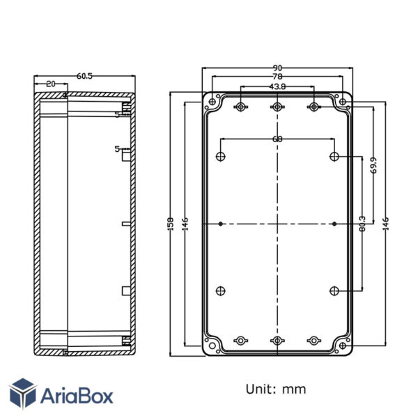 جعبه ضدآب منبع تغذیه امنیتی صنعتی ABW205 با ابعاد 60×90×158 میلی متر