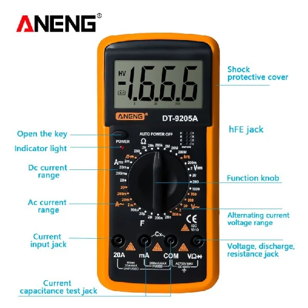 مولتی متر دیجیتال آننگ مدل ANENG DT-9205A | مولتی متر حرفه‌ای برای تعمیرات و الکترونیک